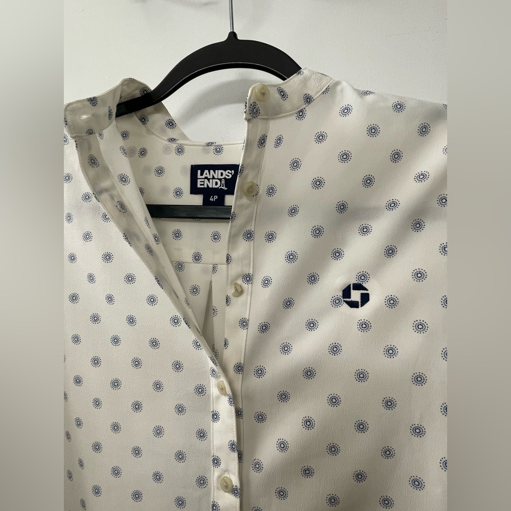 ChaseLands' End Women's White Blouse with Blue Pattern